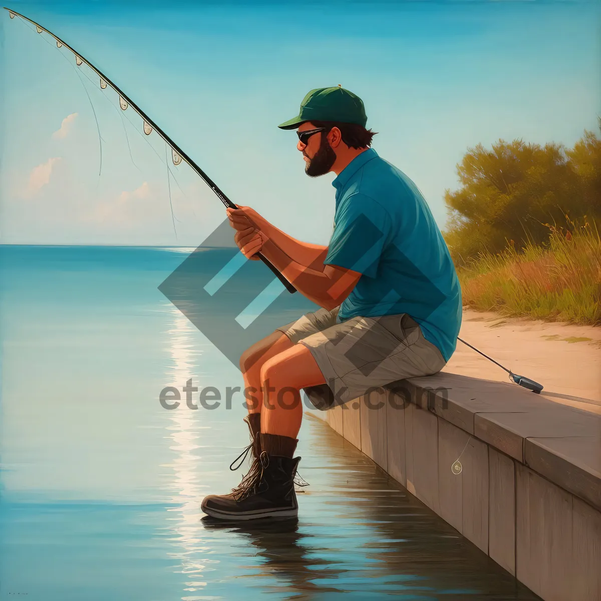 Picture of Active Fisherman with Fishing Gear and Golf Club