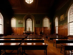 Religious Cathedral Hall with Old Wooden Chairs