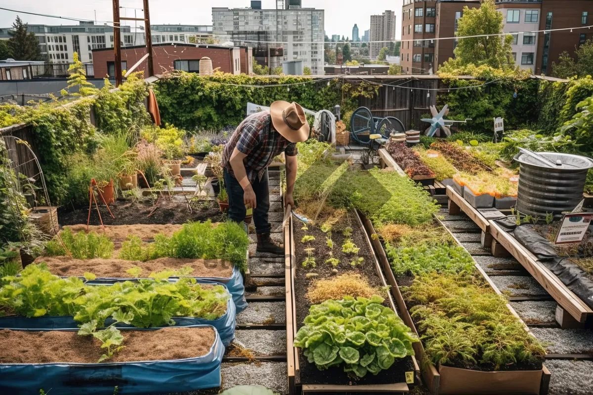 Picture of Greenhouse garden with structure and plants in summer landscape