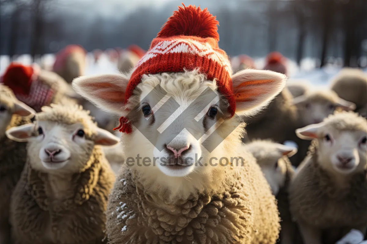 Picture of Cute sheep grazing in rural meadow pasture.