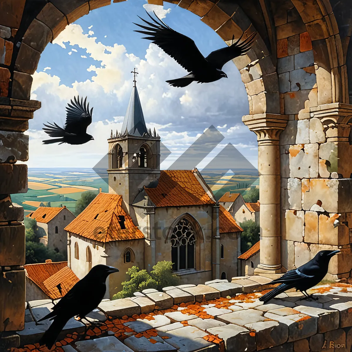 Picture of Historic Cathedral Tower in Ancient Medieval City Landmark