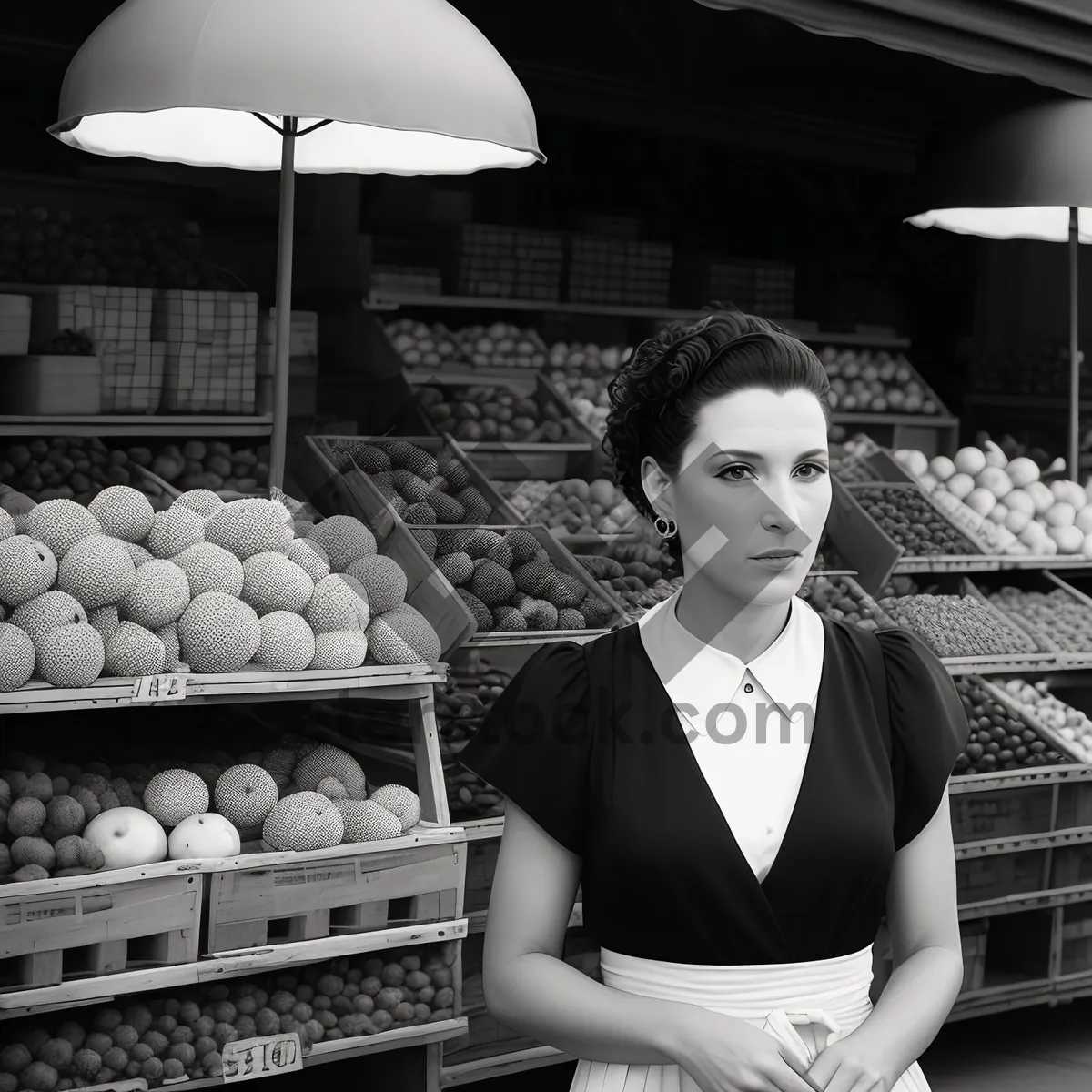 Picture of Happy woman shopping for fresh fruit at supermarket