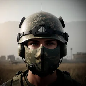 Soldier in Protective Helmet with Oxygen Mask