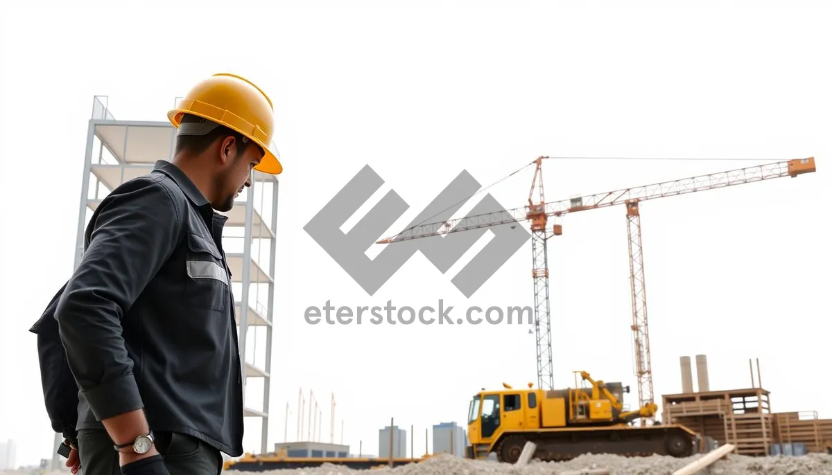 Picture of Professional construction worker in hardhat operating crane.