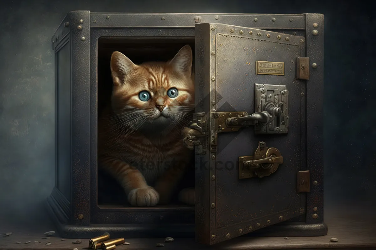 Picture of Playful tabby cat peeking out of safe box.