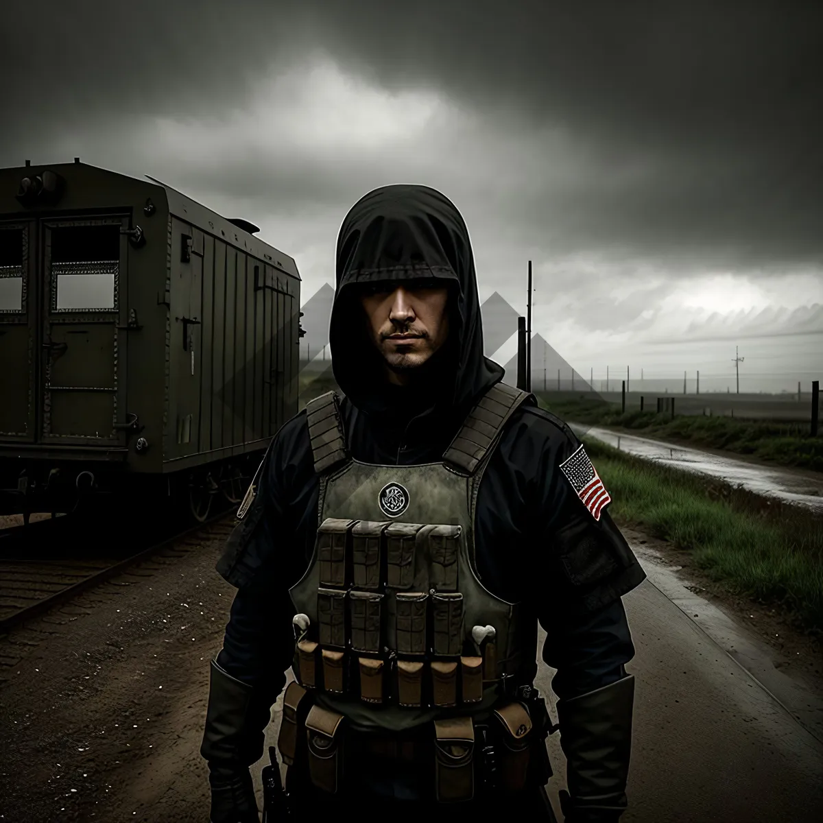 Picture of Male Soldier in Bulletproof Vest and Mask