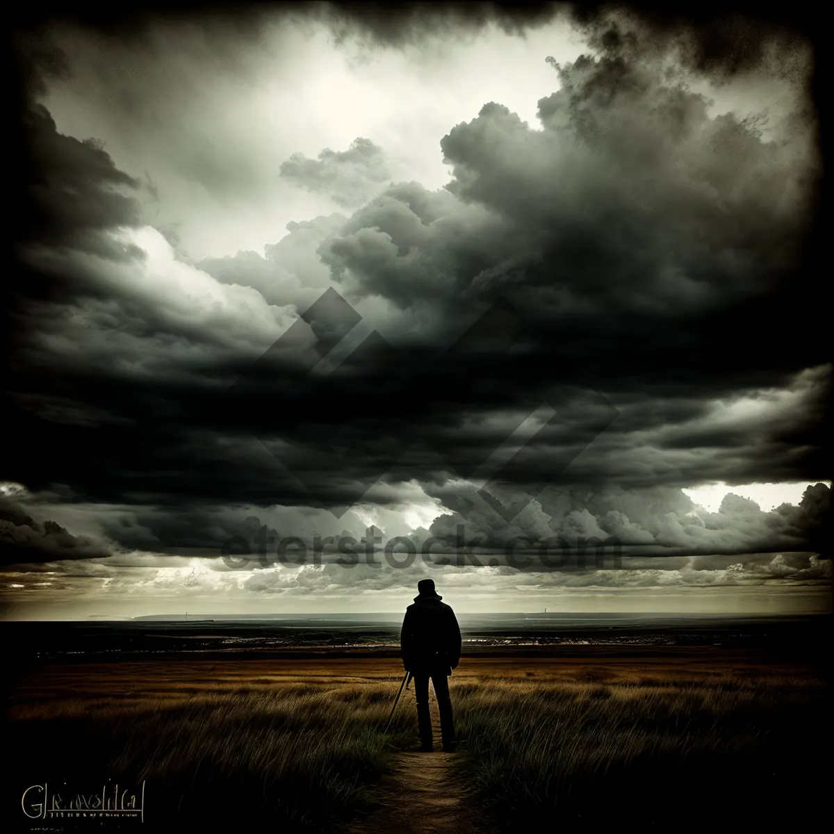 Picture of Golden Hour Serenity – Beach Sunset Skyline with Silhouetted Man