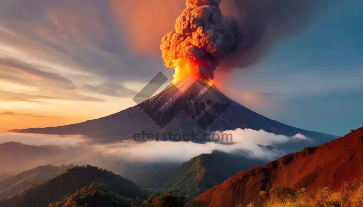 Picture of Fiery mountain landscape engulfed in flames and smoke.