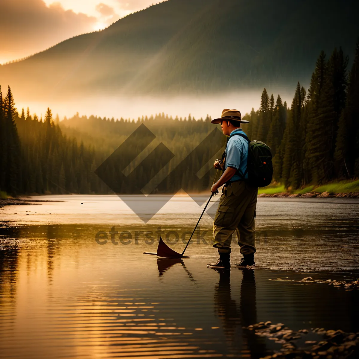 Picture of Reel Reflections: Serene Fisherman on Sunset Lake