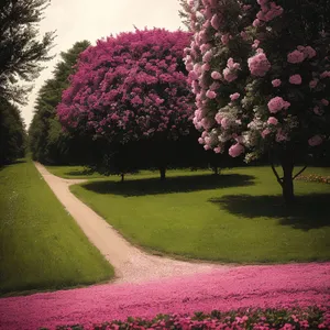 Blossoming Pink Flowers in Colorful Park Landscape