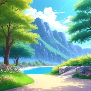 Breathtaking Views of Serene Countryside with Majestic Mountains and Riverside
