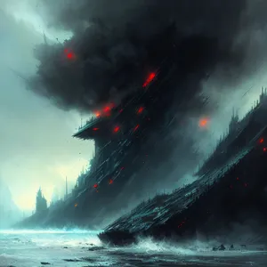 Tropical Ocean Volcano Landscape with Powerful Waves
