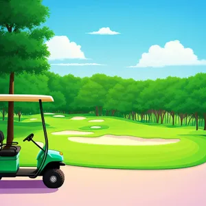 Golfer on Green with Golf Cart