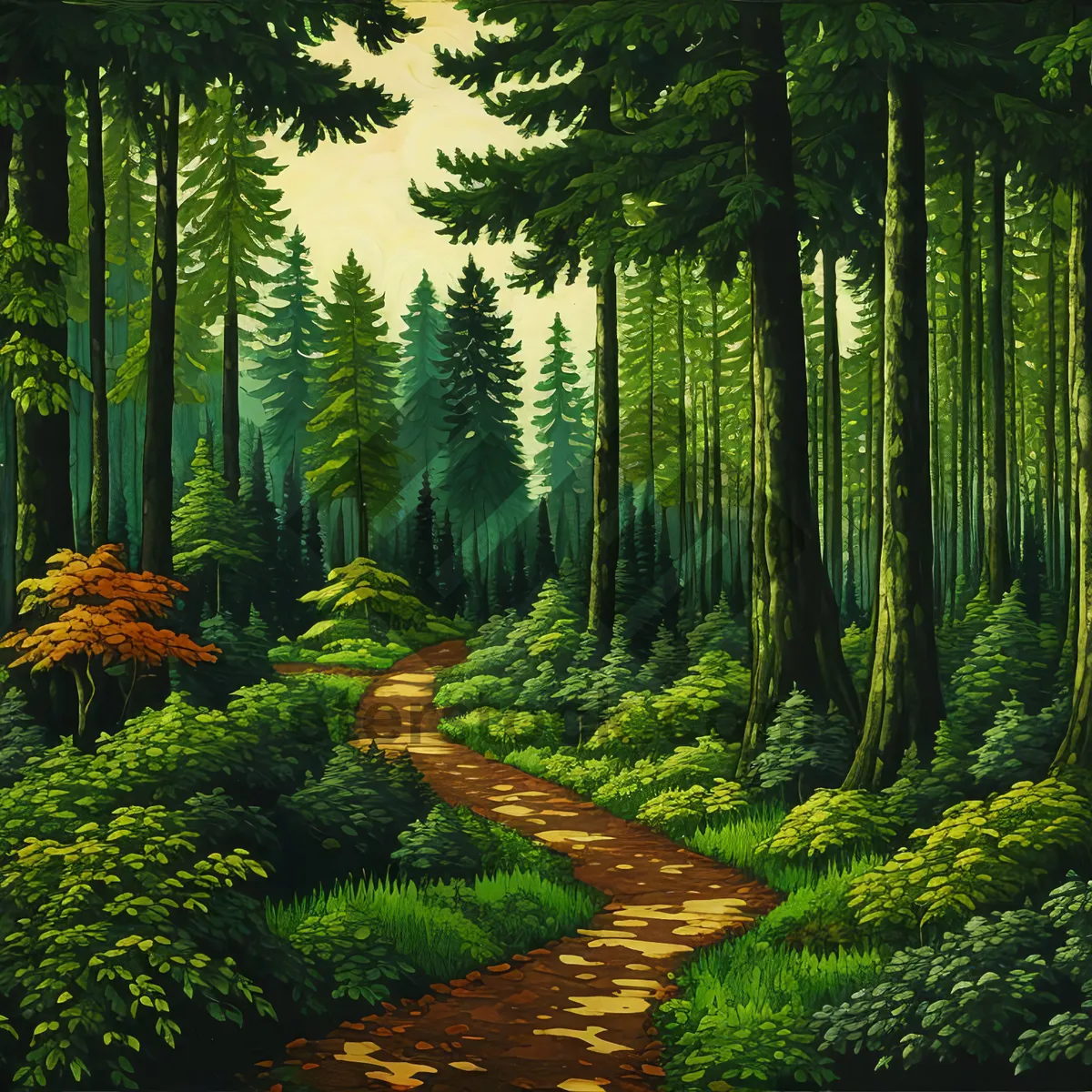 Picture of Majestic woodland path amidst vibrant leafy foliage.