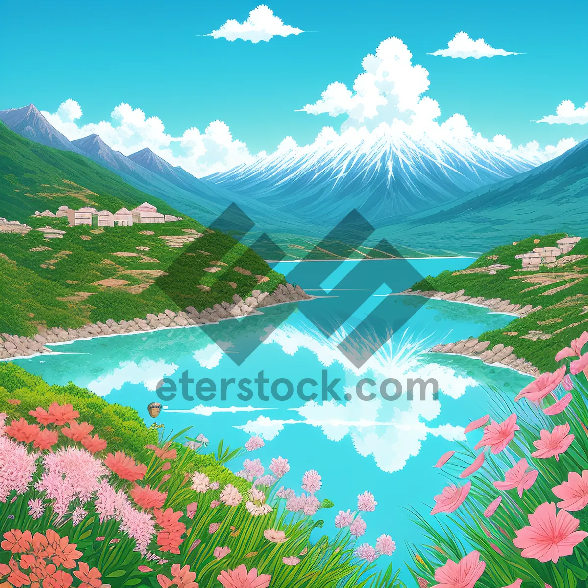 Picture of Serene Japanese Meadow under Springtime Sky