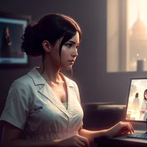Smiling Businesswoman Working on Laptop in Office