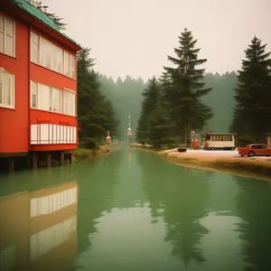 Old Dutch boathouse by city river bridge