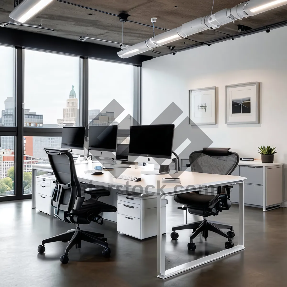 Picture of Modern luxury office interior with wood furniture and lamp