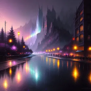 City Lights on River - Urban Twilight Reflection