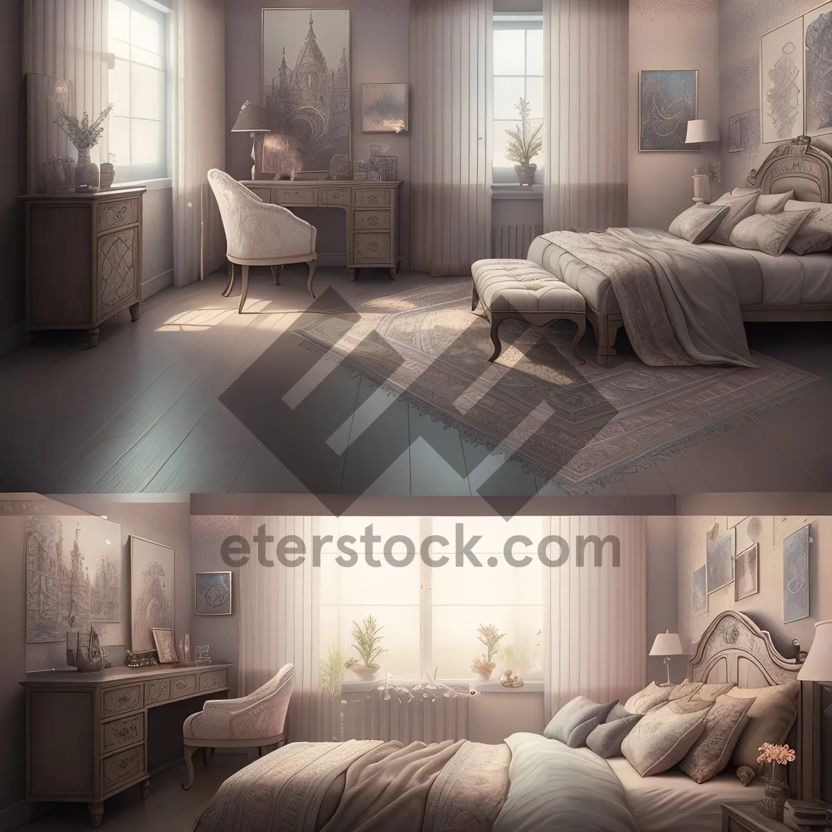 Picture of Modern Bedroom Interior with Cozy Furniture and Stylish Lamp