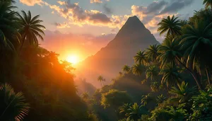 Silhouette sunset over mountain with tree and volcano