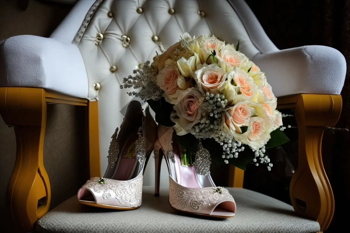 Picture of Floral wedding decoration with rose bouquet and crown jewels