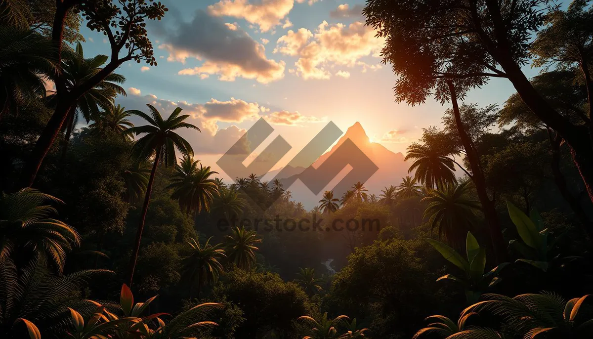 Picture of Silhouetted palm tree by stunning waterfront sunset paradise