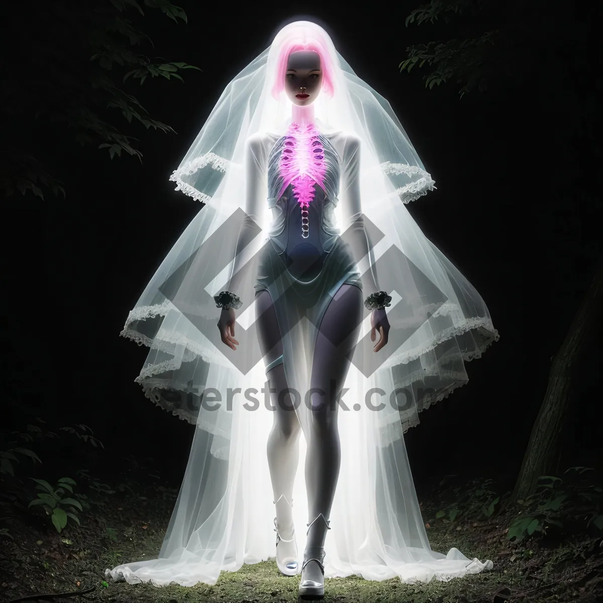 Picture of Happy newlywed couple with wedding dress in plastic bag