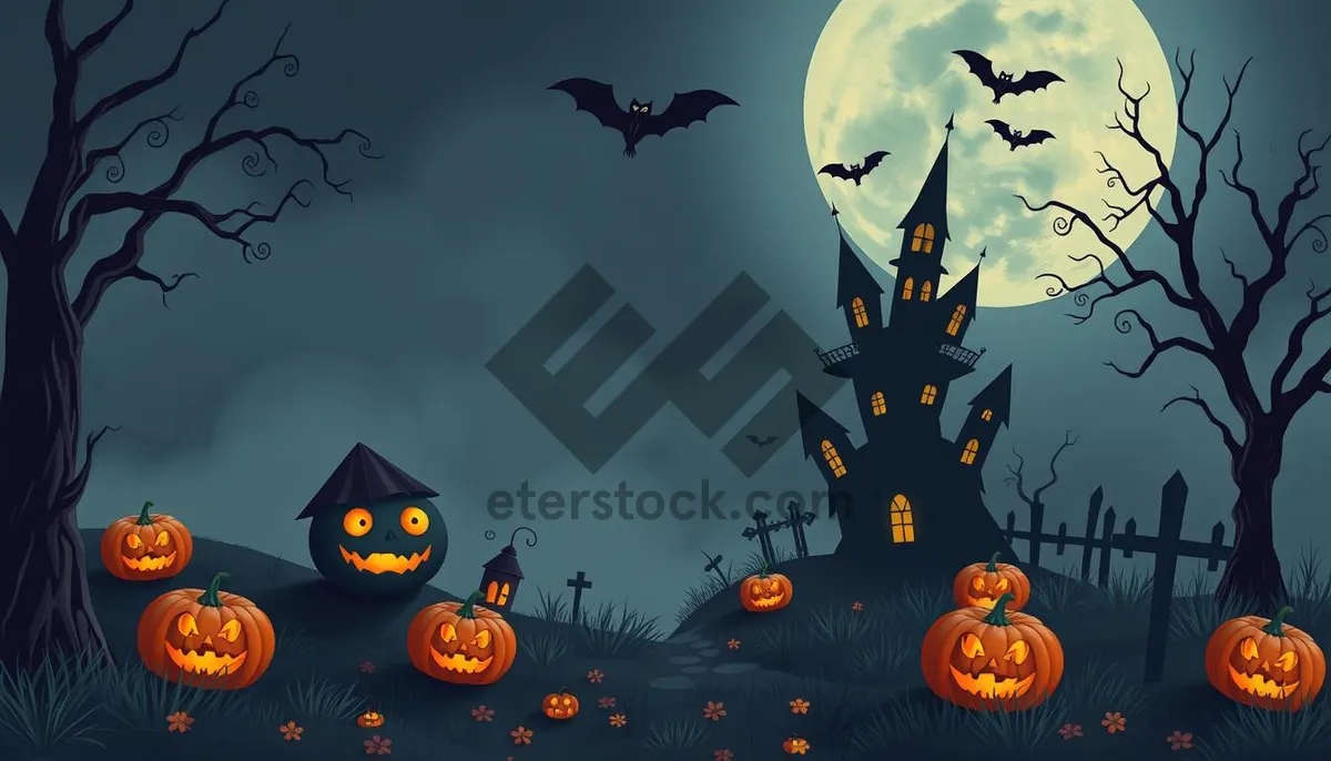 Picture of Spooky Halloween Night in Cemetery - Cartoon Illustration