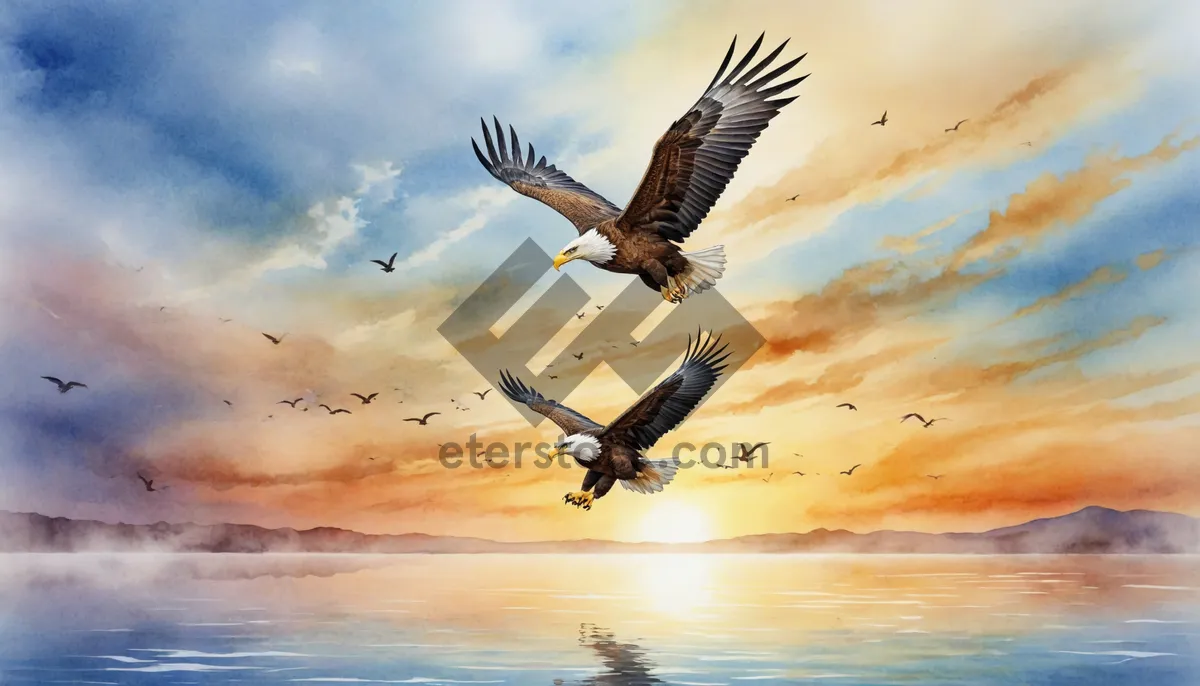 Picture of Sky soaring eagle with feathered wings flying high.