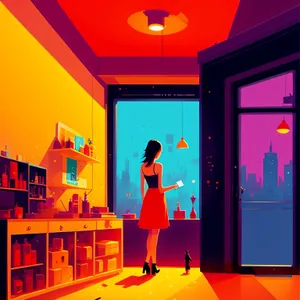 Orange Silhouette Design: Interior Room with Light and Furniture