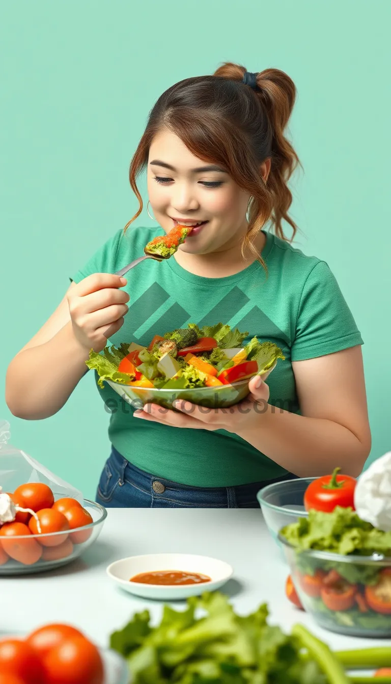 Picture of Healthy smiling blonde woman eating fresh vegetable salad.