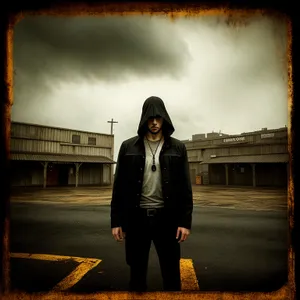 Confident businessman posing outside corporate building.