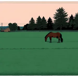 Thoroughbred horses grazing on rural farm pasture.