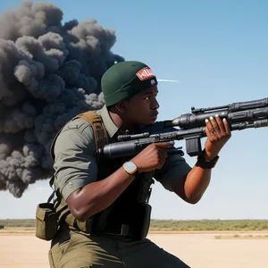 Soldier in Camouflage with Rifle Taking Aim