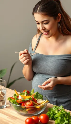 Happy adult woman smiling while eating healthy food