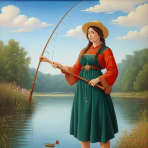 Happy Oriental Fisherman with Bow and Arrow