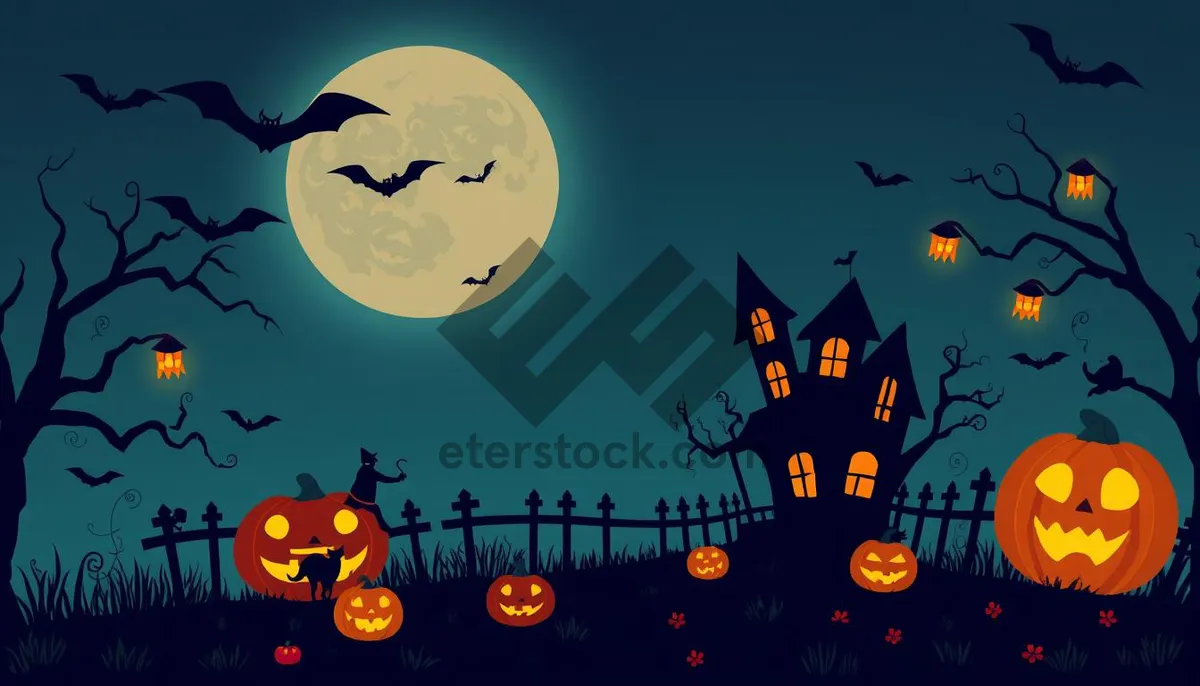 Picture of Spooky Halloween Night Silhouettes with Moon.