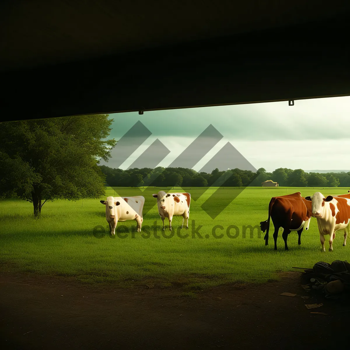 Picture of Rural Cattle Grazing in Green Pasture