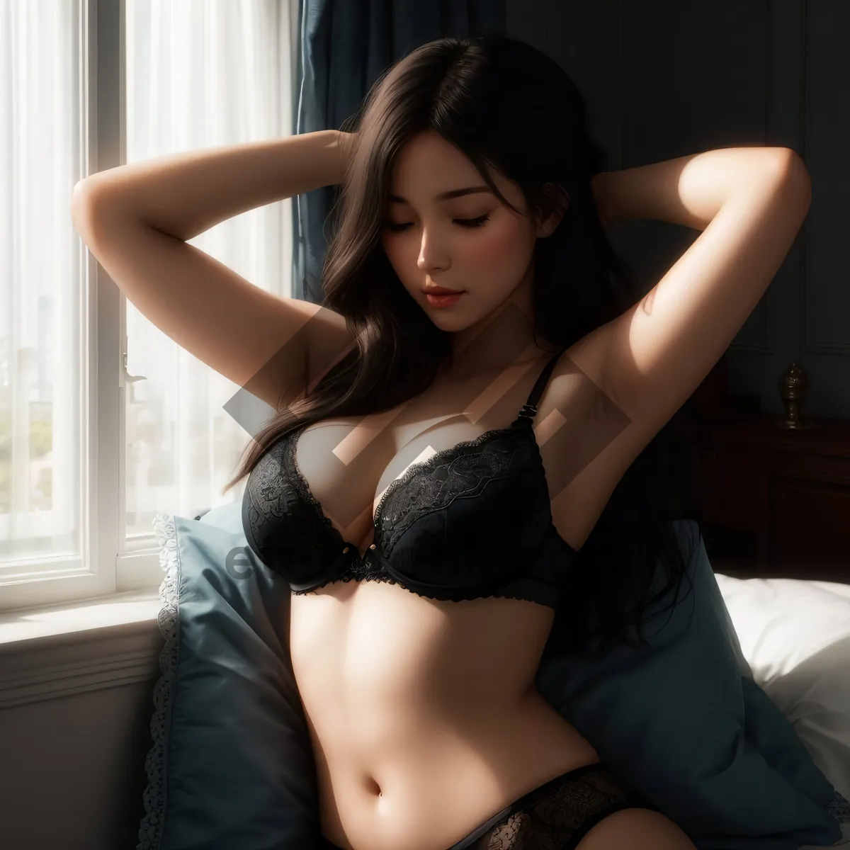 Picture of Attractive brunette model in lingerie and bra