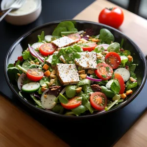 Fresh vegetarian salad with spicy sauce dressing