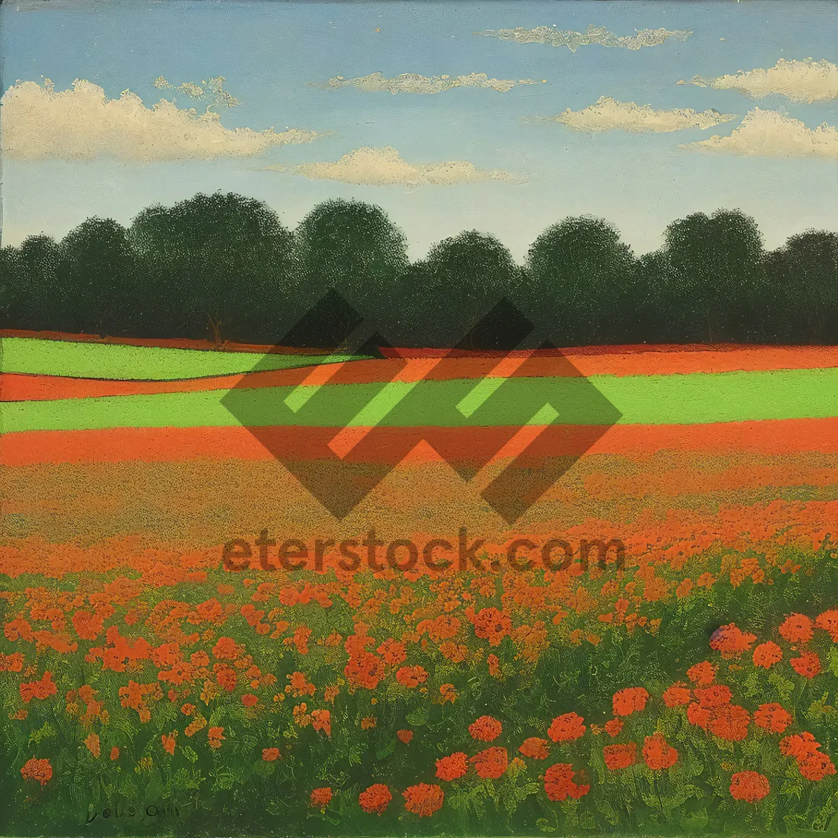 Picture of Sunny Countryside Landscape with Trees and Flowers on Meadow