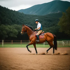 Riding Cowboy with Horse Harness in Rural Field