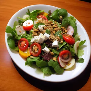 Healthy gourmet salad with fresh vegetables and cheese