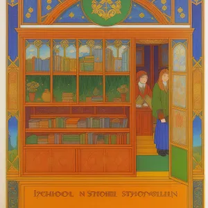 Old wooden bookcase in historic city entrance
