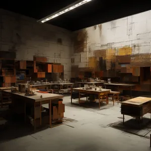 Modern restaurant interior design with wooden furniture and lamp