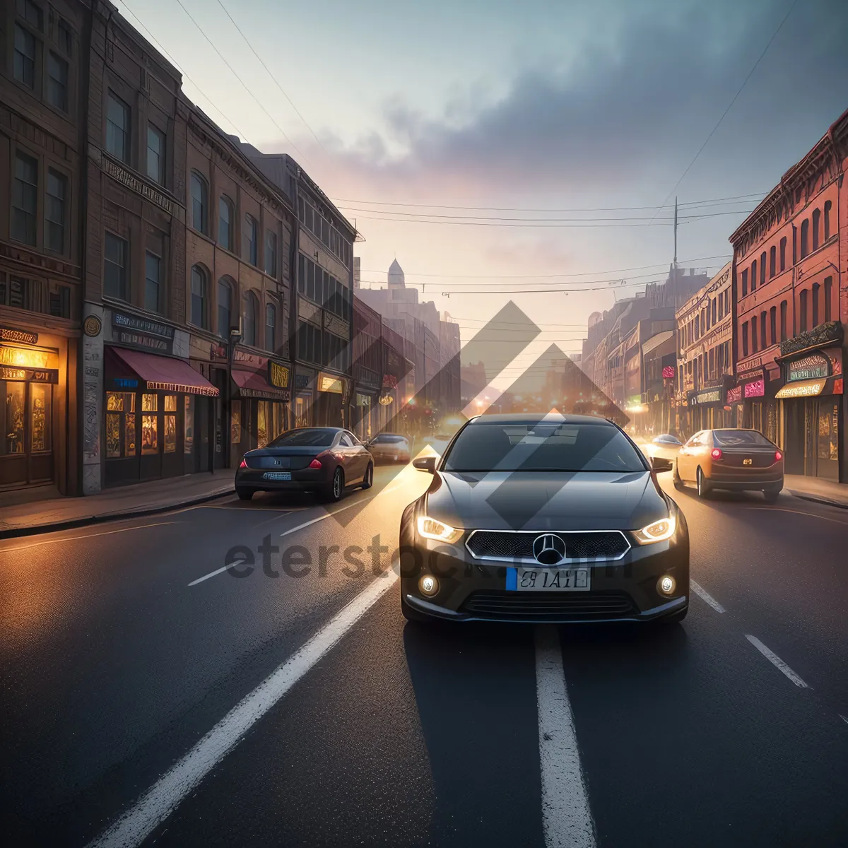 Picture of Urban Night Traffic with City Buildings and Cars