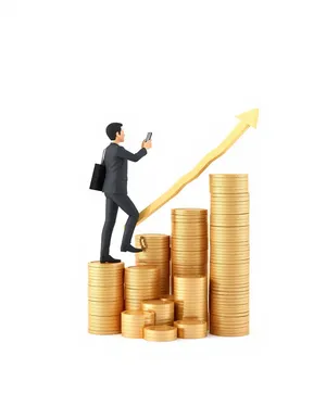 Businessman analyzing financial growth on stacked 3D graph.