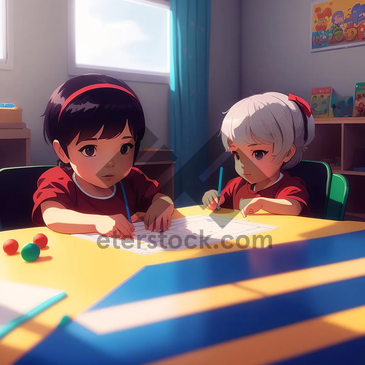 Picture of Happy child sitting in classroom with doll