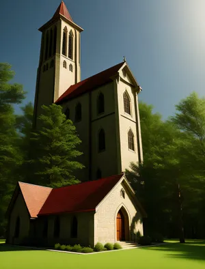 Aged church tower, reaching towards the blue sky, a timeless symbol of faith and heritage